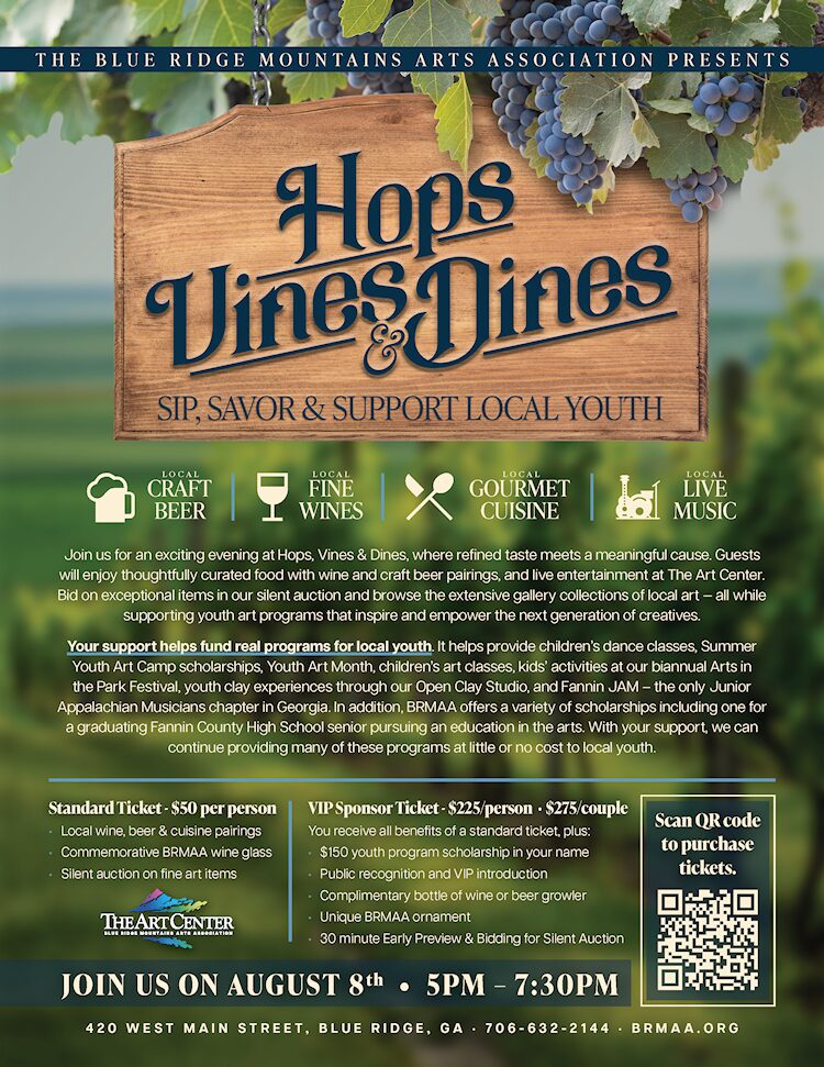 The Blue Ridge Mountains Arts Association Presents Hops, Dines, & Vines! Your support helps fund real programs for local youth.