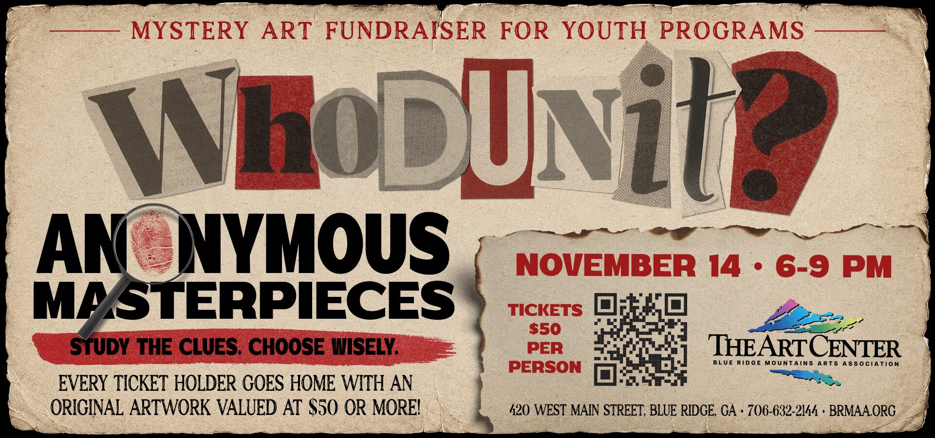 WhoDunIt? Mystery Art Fundraiser at The Art Center in Blue Ridge, GA on November 14, 2026